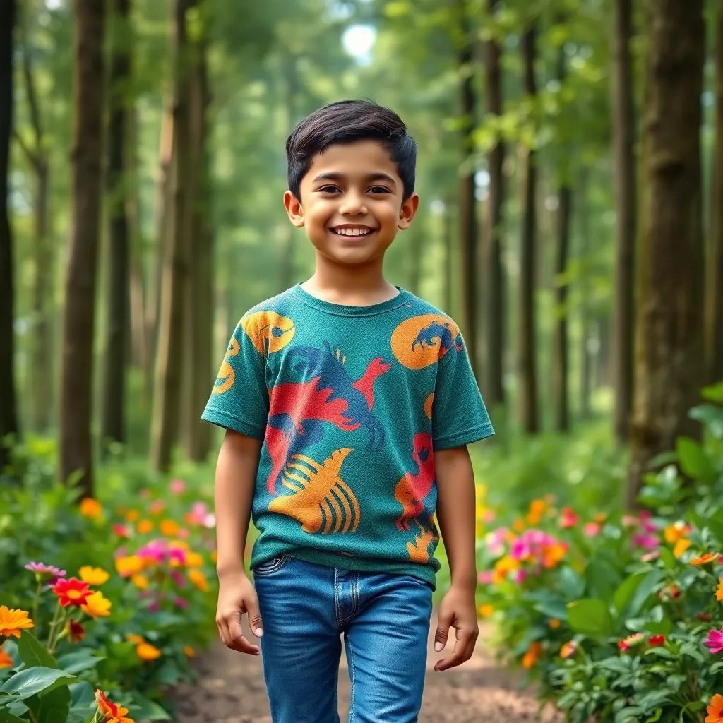 A young Arab boy, Ahmed, with short, black hair, wearing a colorful t-shirt and jeans, walking in a lush green forest, surrounded by tall trees and vibrant flowers, cheerful, adventure-themed, child-friendly