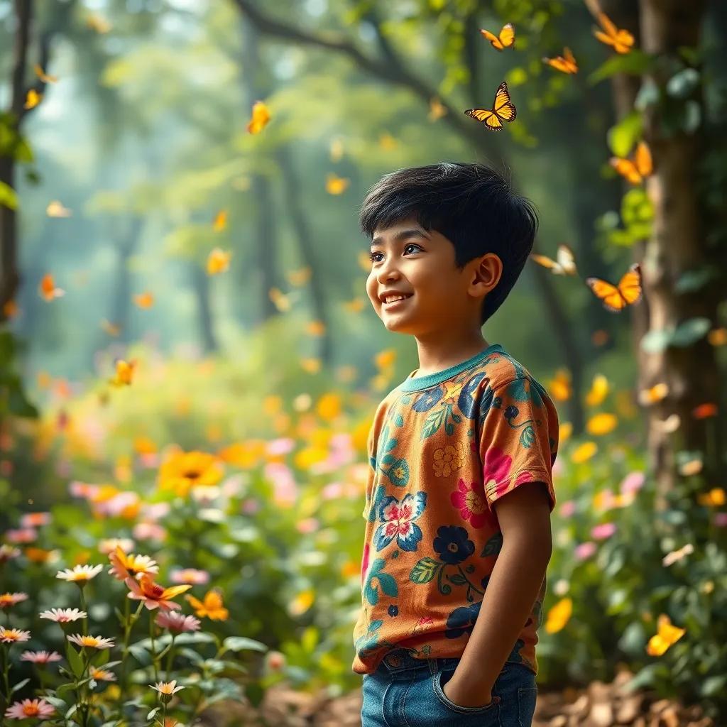 A young Arab boy, Ahmed, with short, black hair, wearing a colorful t-shirt and jeans, discovering a magical place in the forest filled with sparkling flowers and flying butterflies, brightly lit, enchanting atmosphere, joyful mood