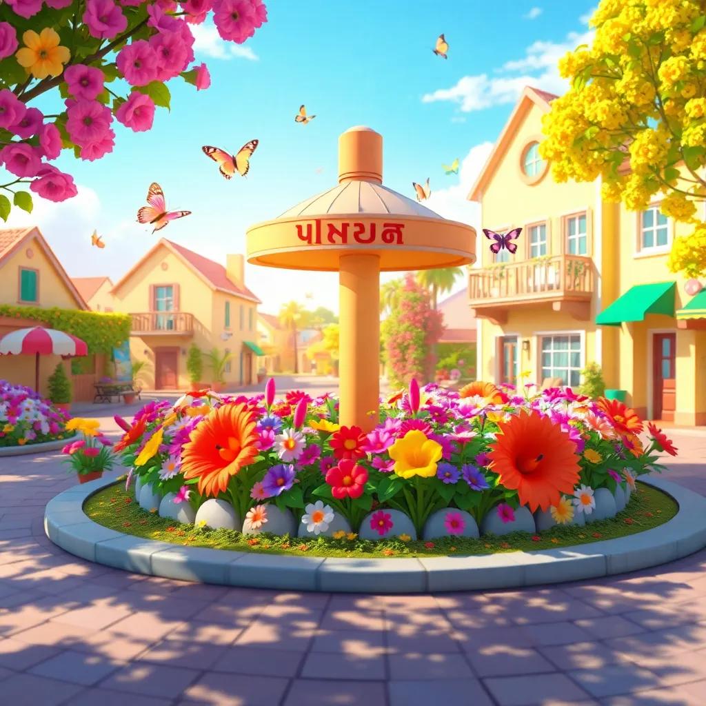 A colorful roundabout named دوار المكرمة in a bright sunny village, with vibrant flowers and dancing butterflies fluttering around, cheerful atmosphere, high quality digital art