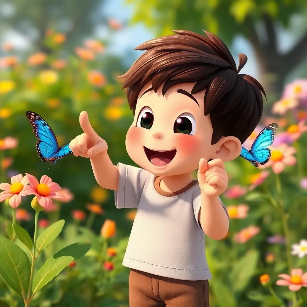 A young boy named يوسف with brown hair, wearing a t-shirt and shorts, excitedly pointing at a beautiful blue butterfly near the flowers at دوار المكرمة, joyful expression, colorful background, high quality digital art