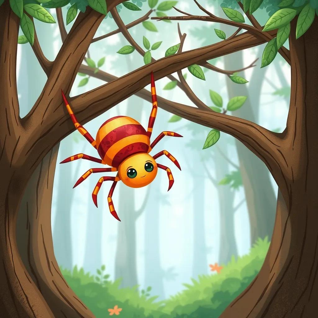 A small spider named Beebi, with bright red stripes and tiny legs, swinging between tree branches in the forest, surrounded by light, cartoonish style, playful mood, child-friendly