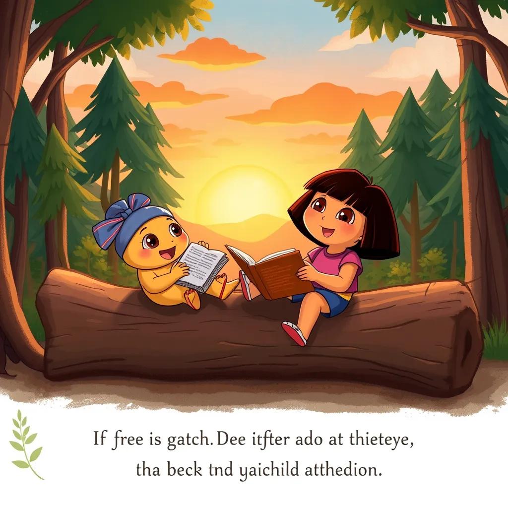 Dora and Beebi relaxing after their adventure, sitting on a log in the forest, sharing stories and laughing together, sunset in the background, warm tones and cozy setting, nostalgic feeling