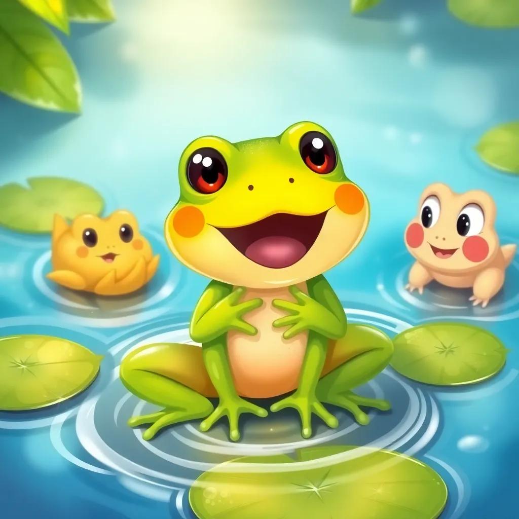 A small green frog named Fahd, looking excited, surrounded by sparkling water and lily pads, with friends nearby looking curious, vibrant colors, cheerful scene, high quality