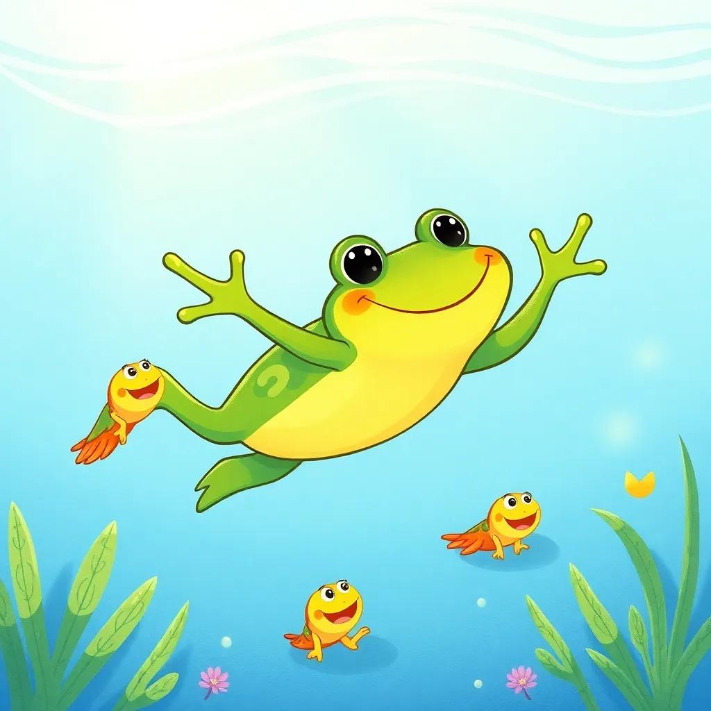 Fahd the frog swimming happily, showing his little tadpole friends, with sunlight sparkling on the water, fun and lively atmosphere, child-friendly style, bright colors
