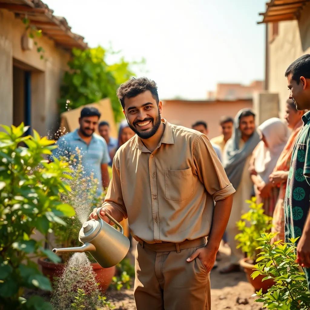 A young Arab man, Duga, with short, curly hair wearing a simple shirt and trousers, watering his plants with a big smile, surrounded by his curious neighbors, bright sunlight, friendly interactions, colorful scene, warm lighting, engaging angle, digital art, high quality