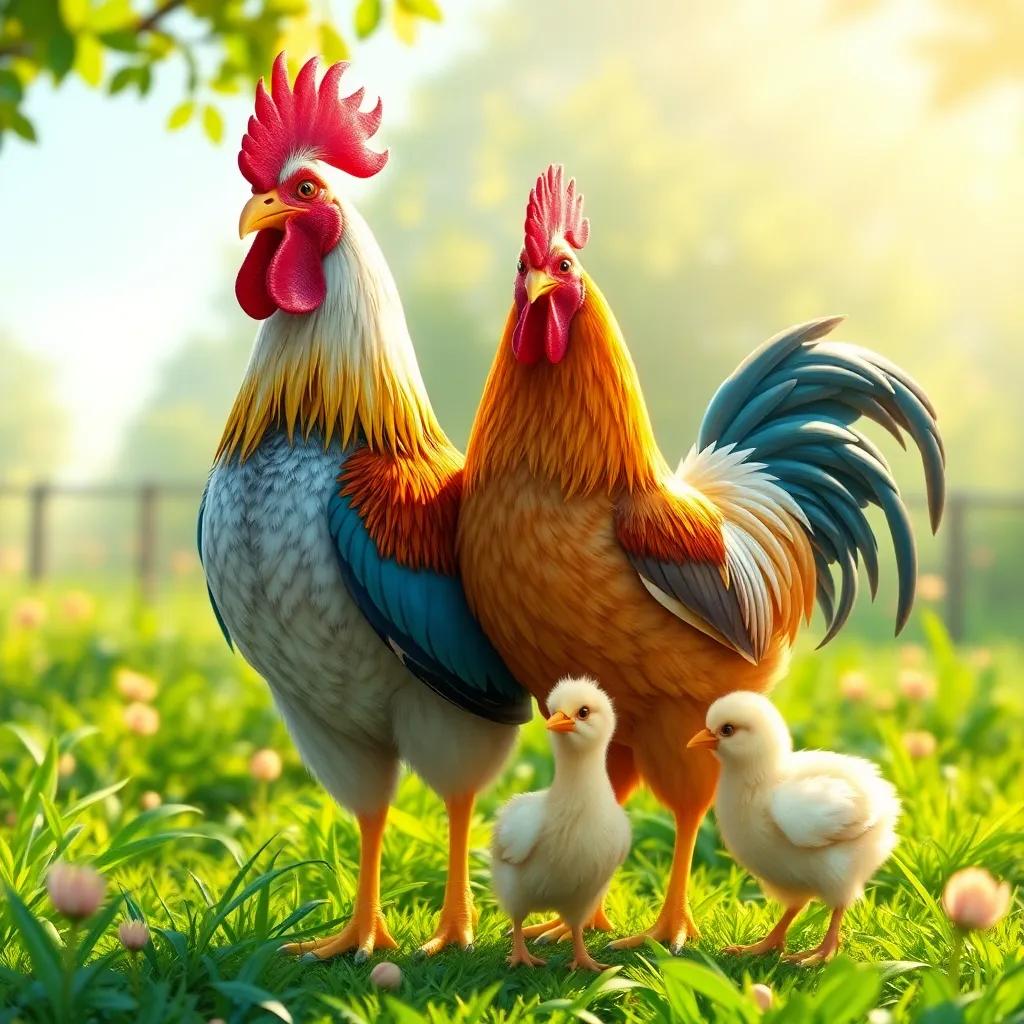A rooster and hen, standing proudly in a lush green farm with their chick, colorful feathers, bright sunlight, cheerful atmosphere, digital painting, high detail