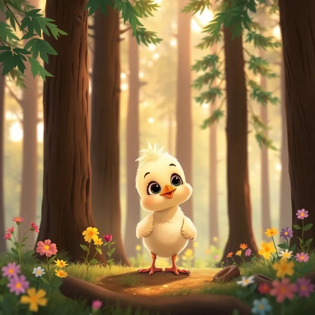 A brave chick trying to explore the forest alone, looking curious and adventurous, surrounded by tall trees and colorful flowers, illustration, whimsical style, warm light