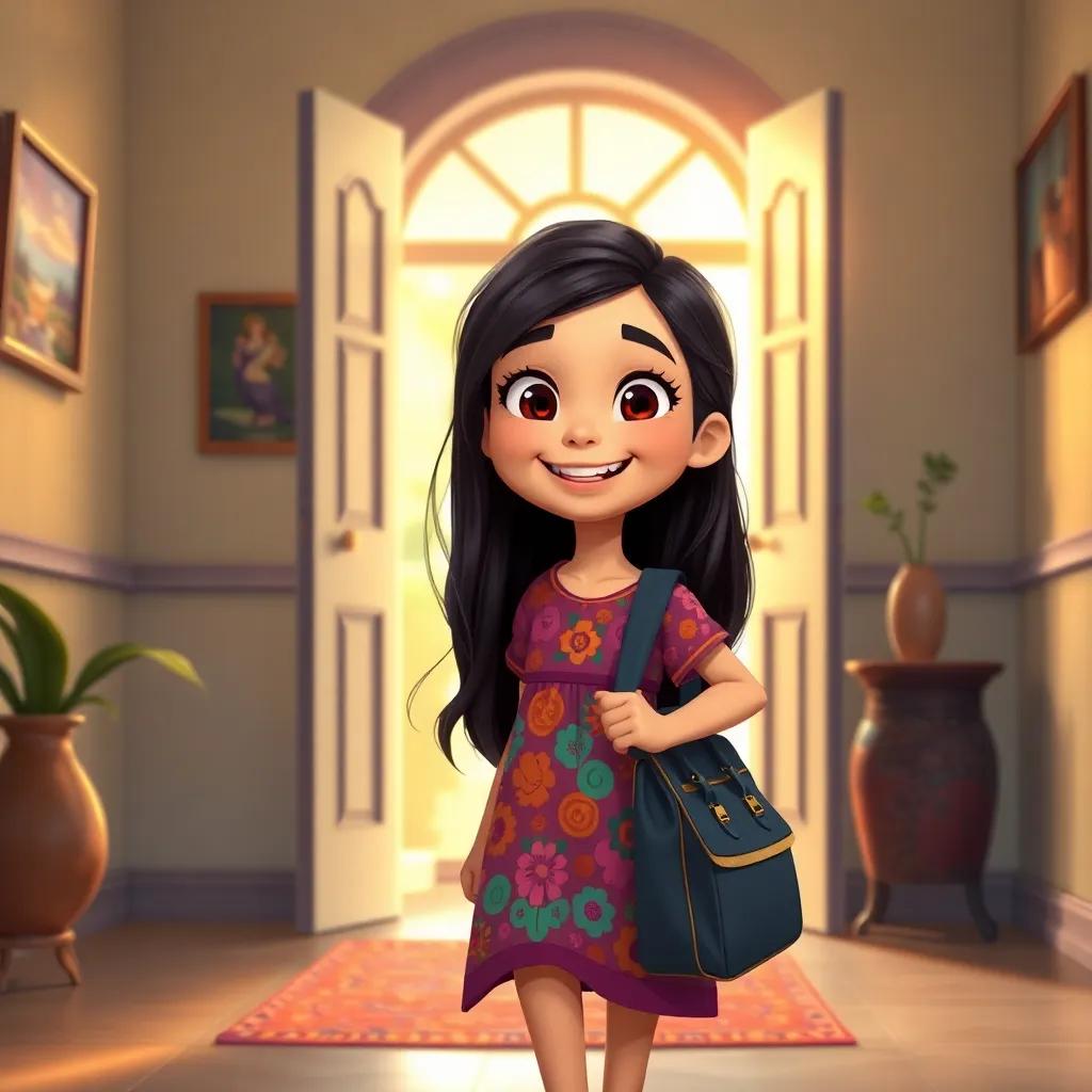 A cheerful young Arab girl, Dima, with long black hair wearing a colorful dress, entering a cozy room filled with sunlight, holding a school bag with a big smile, digital art, warm colors, inviting atmosphere, high quality
