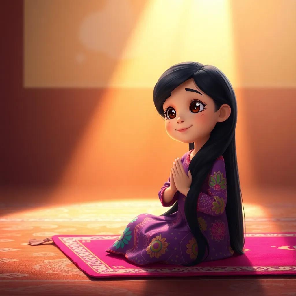 A young Arab girl, Dima, with long black hair in a colorful dress, praying on a prayer mat with a serene expression, surrounded by soft light, peaceful ambiance, digital painting, warm colors, heartwarming scene, high quality