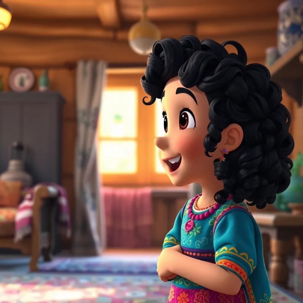 A young Kabyle girl, Diya, with curly dark hair, wearing colorful traditional clothing, talking excitedly with her grandmother in a cozy village house with wooden furniture, warm light, inviting atmosphere, high quality