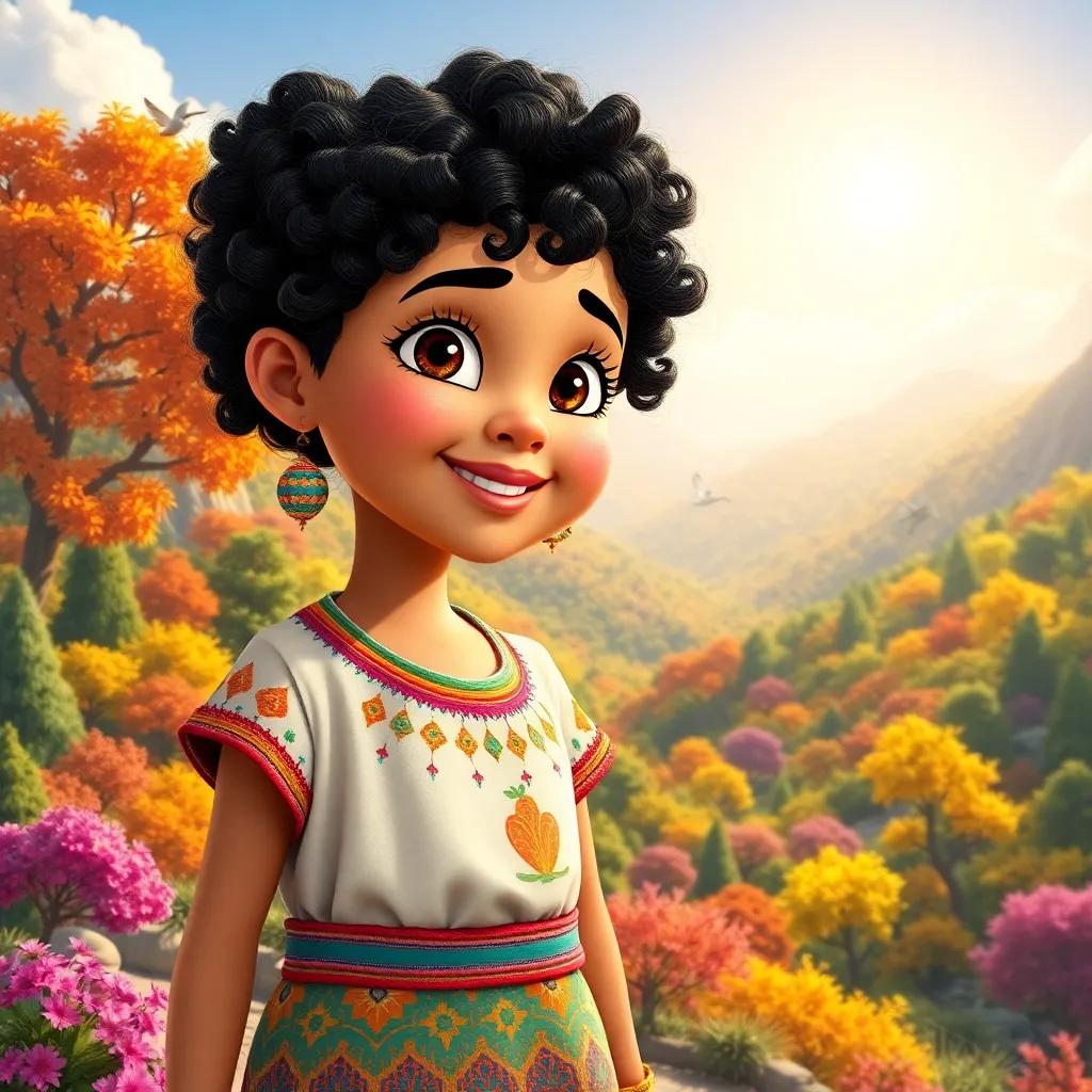 A young Kabyle girl, Diya, with curly dark hair, wearing colorful traditional clothing, standing on a beautiful mountain landscape filled with colorful trees and singing birds, bright sunlight, cheerful and vibrant, fantasy setting, high quality