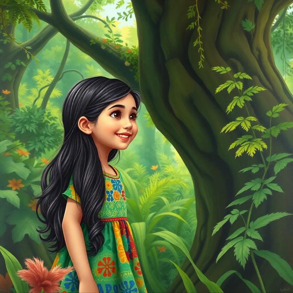 A young Arabic girl, Lily, with long, dark hair, wearing a colorful dress, exploring a lush green forest, smiling and looking towards a large tree, vibrant colors, cheerful atmosphere, high quality