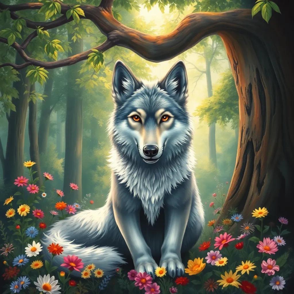A friendly grey wolf, sitting under a big tree in the forest, smiling with gentle eyes, surrounded by colorful flowers and sunlight filtering through the leaves, vibrant, inviting, high quality