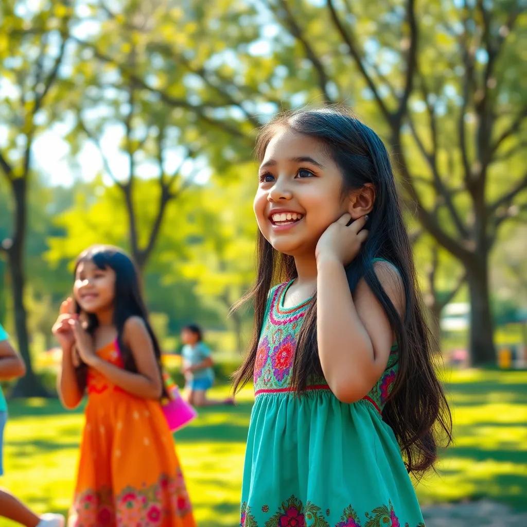 A joyful Arab girl, Mariam, with long dark hair, wearing a colorful dress, excitedly watching her friends play a game in a sunny park with trees and laughter, digital art, bright colors, cheerful atmosphere, high quality