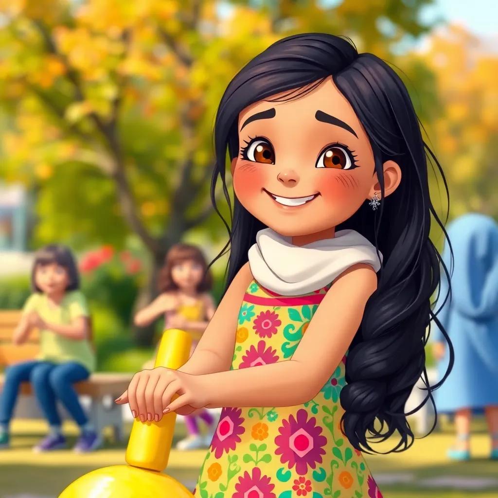 Mariam, a cheerful Arab girl with long dark hair in a colorful dress, confidently playing a game with her friends, surrounded by joy and laughter in a vibrant park, illustration, fun and engaging, high quality