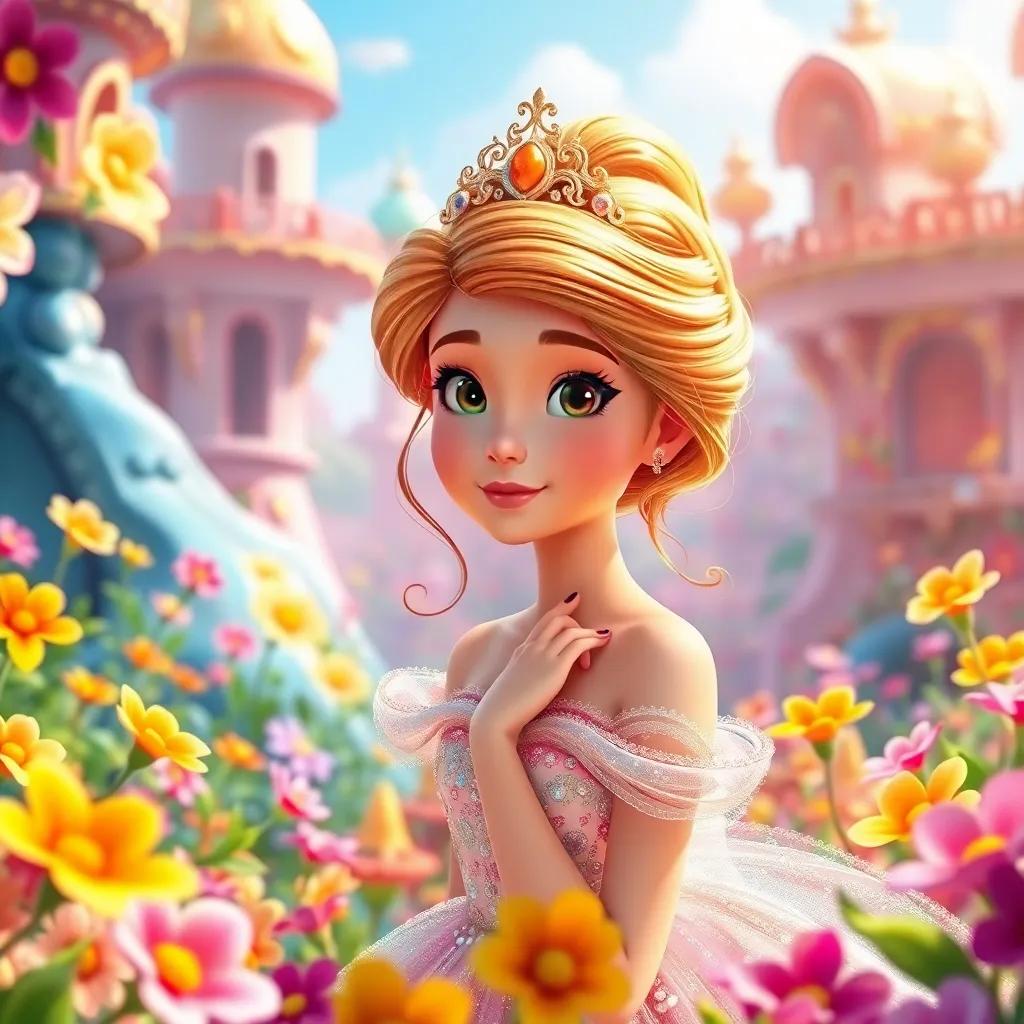 A beautiful princess in a colorful kingdom, surrounded by flowers, with a thoughtful expression, wearing a sparkling gown, bright colors, whimsical art, lively atmosphere, high detail