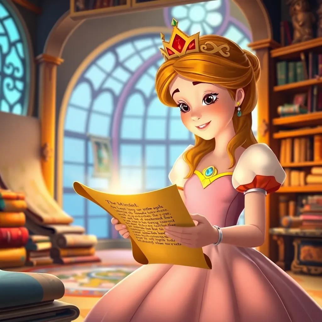 The princess examining a mysterious riddle scroll, with a glowing light in her hands, in a bright room filled with maps and books, vibrant colors, adventure theme, child-friendly