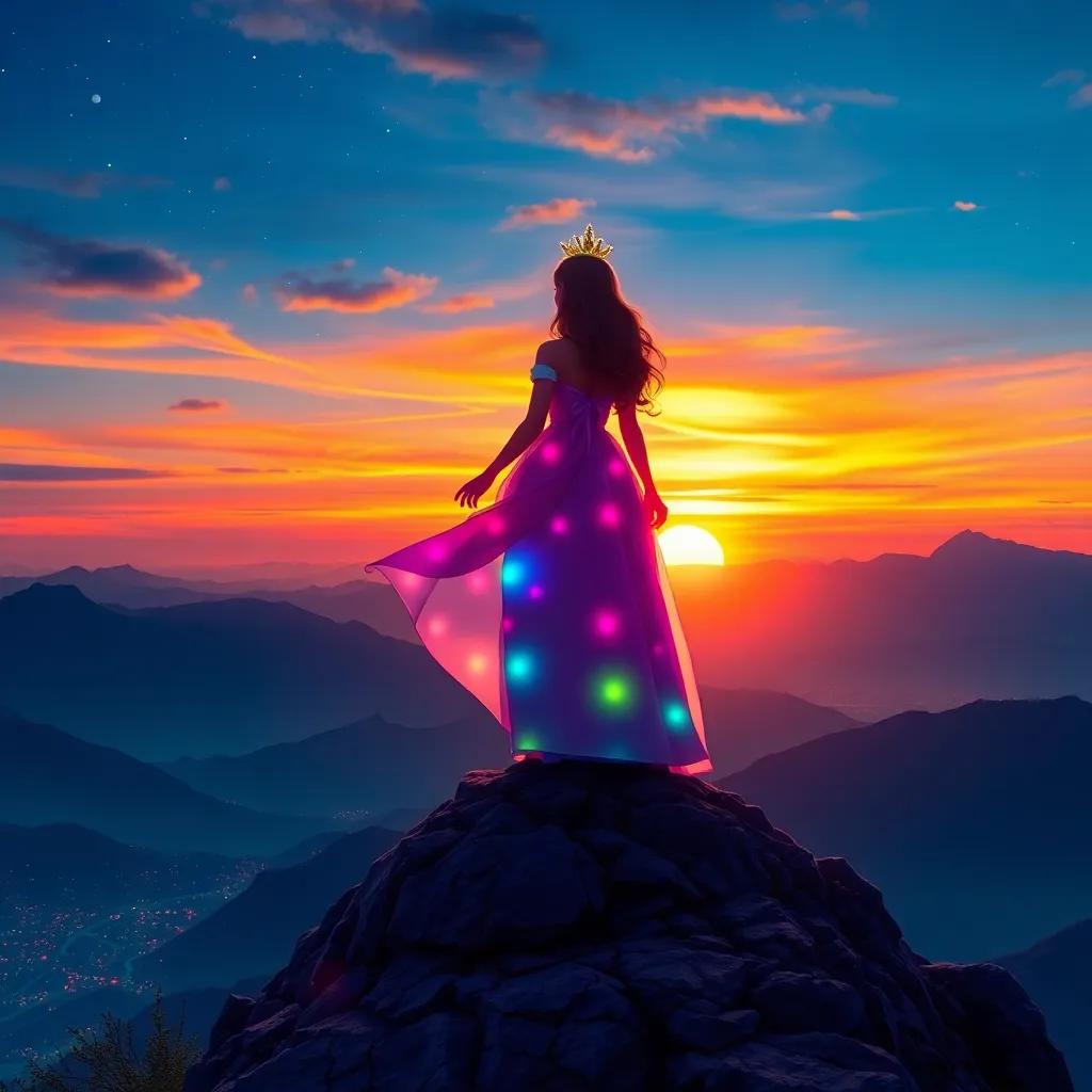 The princess standing on a mountain top, illuminating the night sky with colorful lights, with a vibrant sunset in the background, magical ambiance, high quality, dynamic perspective