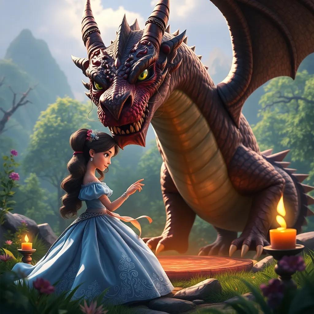 The princess solving the final riddle in front of the dragon, a fierce but curious creature, set in a lush landscape with mystical elements, detailed digital art, high contrast