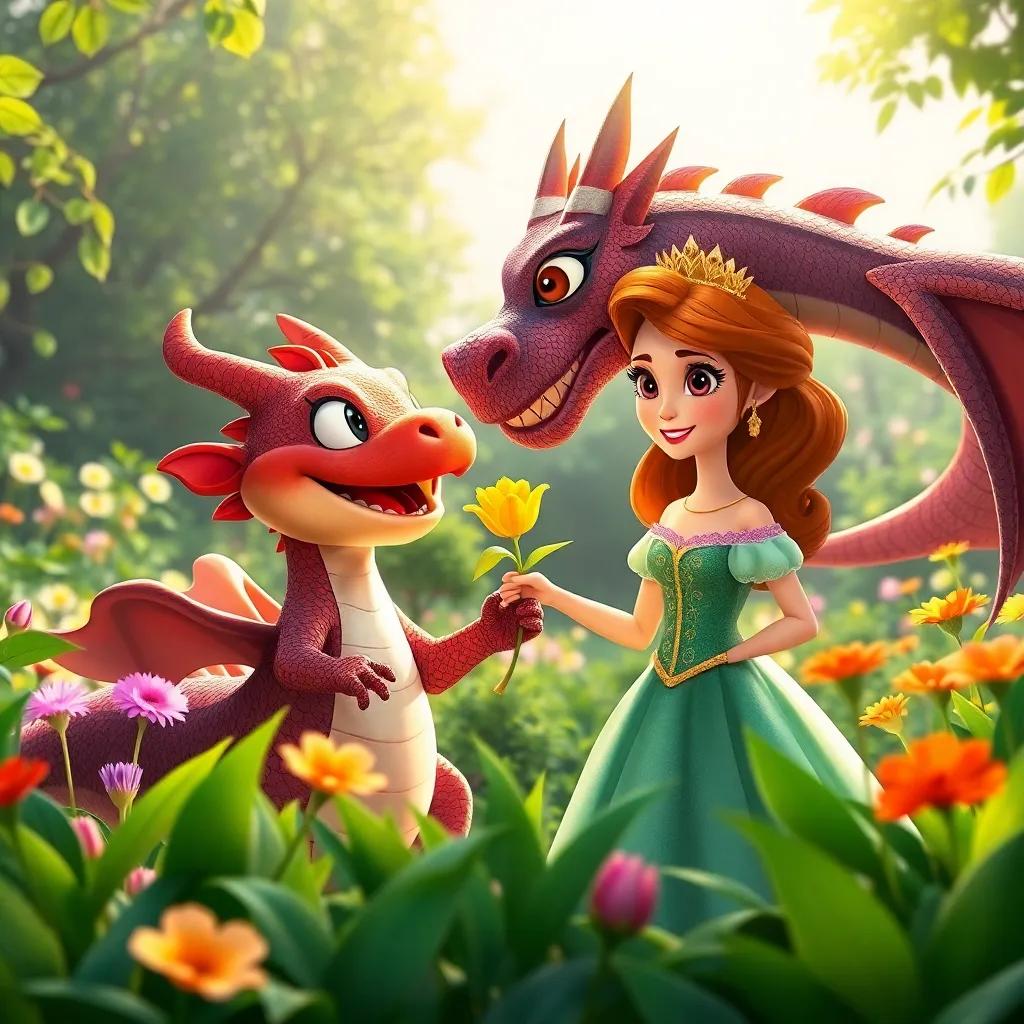 The dragon transforming into a friendly creature, with the princess offering a flower, both smiling in a lush garden filled with sunshine and hope, heartwarming scene, bright colors, enchanting atmosphere