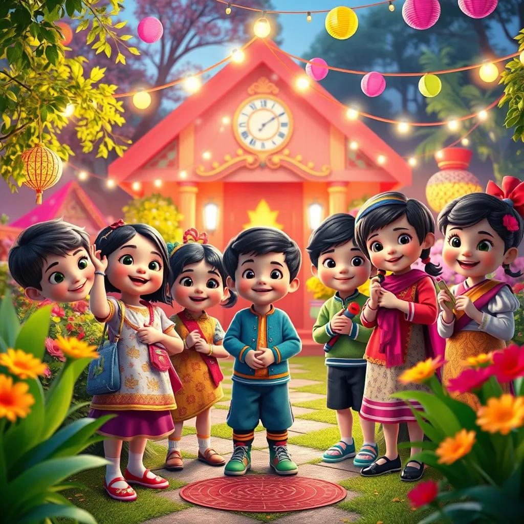 A group of happy children, standing in a colorful garden, decorating it with bright lights and ribbons, wearing traditional and new clothes, celebration atmosphere, digital art, vibrant colors, joyful perspective, high quality