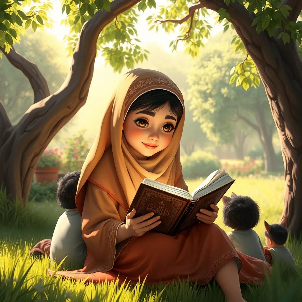 Fatima, a young Arab girl, holding a Quran, sitting under a tree in a garden, reading stories about Prophet Muhammad, with friends around her, digital painting, warm light, serene atmosphere, detailed