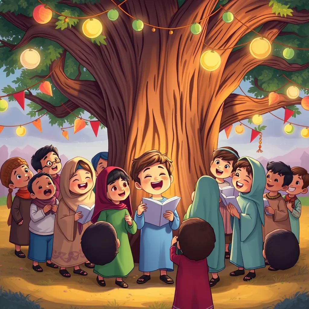 Children gathered around a large tree, singing songs and reciting poems about the Prophet, with smiles on their faces and decorations hung around, illustration, cheerful, community spirit, bright colors