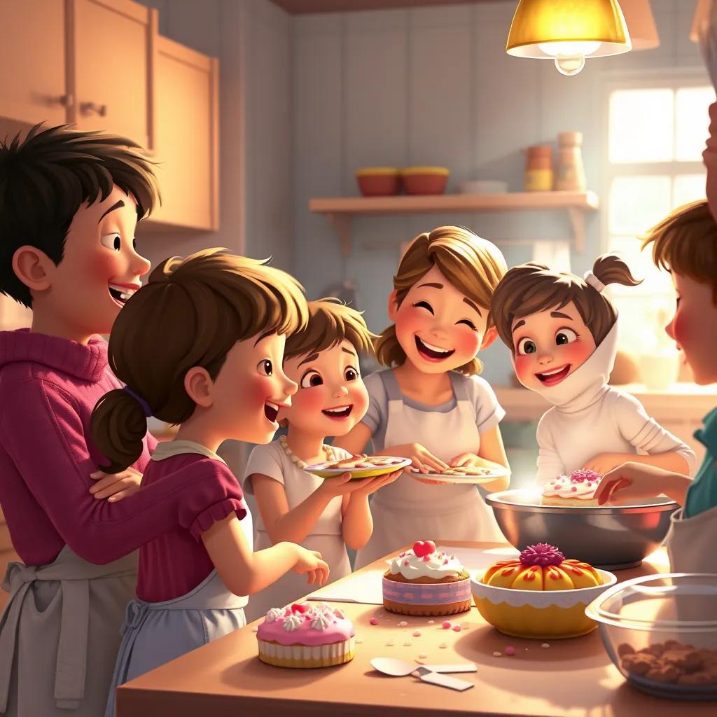 A group of children in a kitchen, baking sweets and cakes, laughing and working together with their mother, sweet aroma filling the air, warm light, colorful and inviting atmosphere, digital art, heartwarming