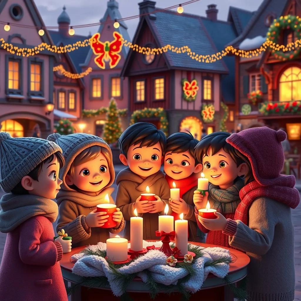 Children in a town square, lighting candles and sharing gifts, surrounded by festive decorations, smiling and celebrating together, evening glow, cozy and joyful feeling, high quality, vibrant colors