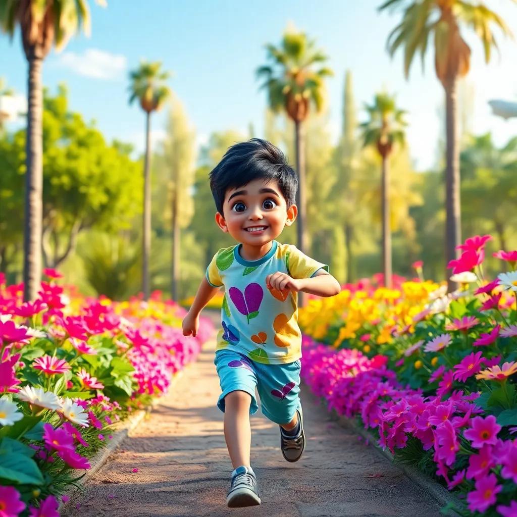 A young Arab boy, Sami, with short black hair, wearing a colorful t-shirt and shorts, running joyfully in a vibrant park filled with flowers and tall trees, digital art, sunny day, bright colors, uplifting atmosphere, high quality
