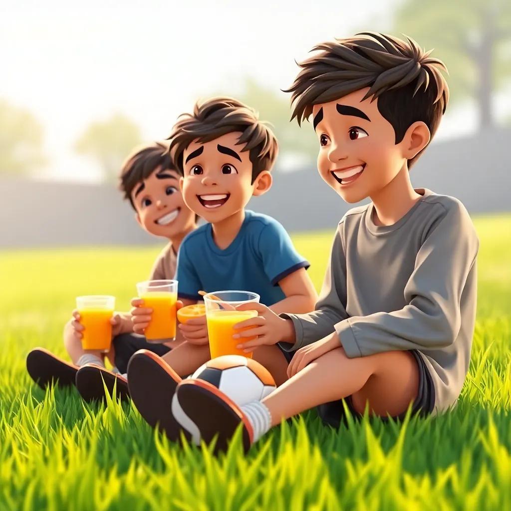 A group of young Arab boys, including Sami and his friend Ali, sitting on green grass, laughing and sharing orange juice and biscuits after playing soccer, cheerful scene, warm light, friendship theme, child-friendly