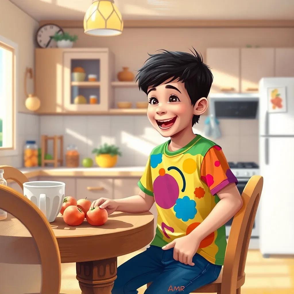 A cheerful young Arab boy, Amr, with short, dark hair, wearing a colorful t-shirt and jeans, excitedly asking his brother about their trip to the market while sitting at a breakfast table with sunny kitchen background, digital art, vibrant colors, warm atmosphere, child-friendly