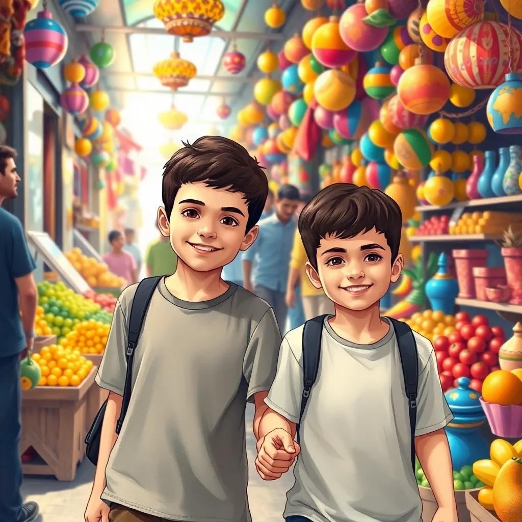 Two young Arab boys, Amr and Rakan, with short dark hair, wearing casual clothes, exploring a busy market filled with colorful toys and fruits, holding their father's hands, bright sunlight illuminating their smiles, colorful stalls, cheerful scene, detailed illustration