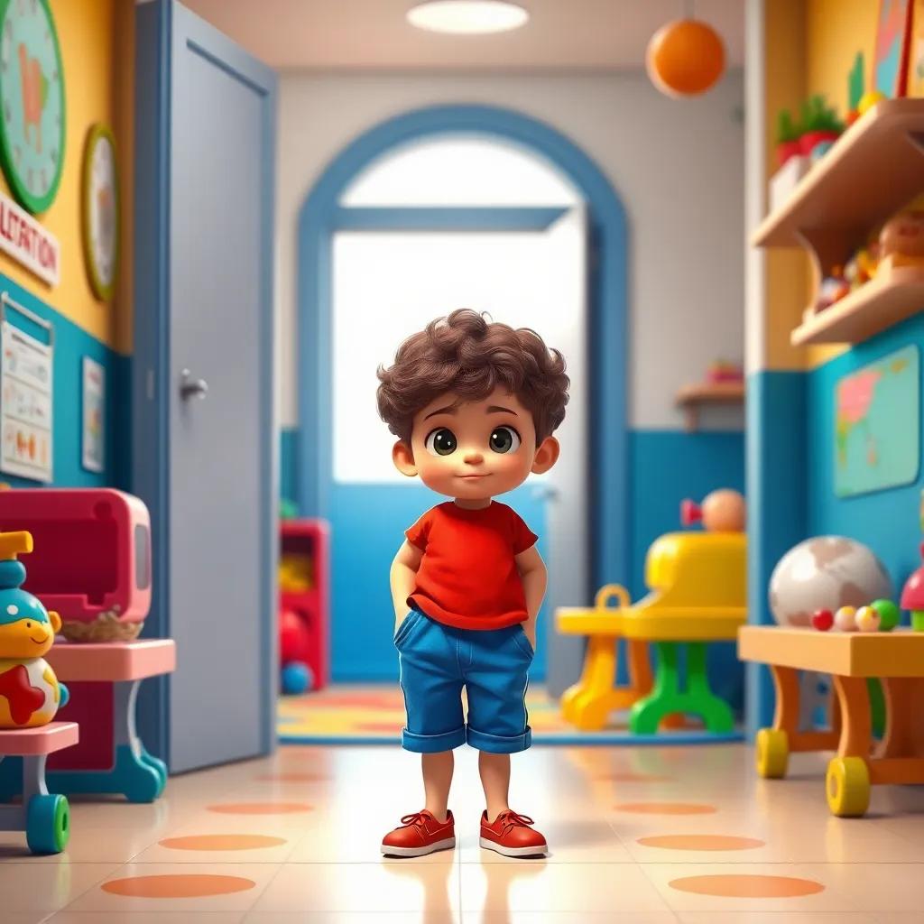 A small 4-year-old Arab boy, عتبه, with curly brown hair, wearing a bright red t-shirt and blue shorts, standing nervously at the entrance of a colorful kindergarten with toys and children playing around, digital art, cheerful atmosphere, warm colors, inviting scene, high quality