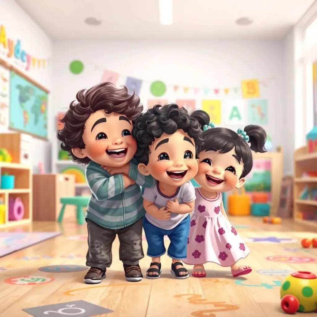 A small 4-year-old Arab boy, عتبه, with curly brown hair, playing hide-and-seek with a little girl named ليلى, both laughing in a spacious kindergarten room filled with colorful drawings and toys, digital painting, joyful atmosphere, bright colors, lively scene, high quality