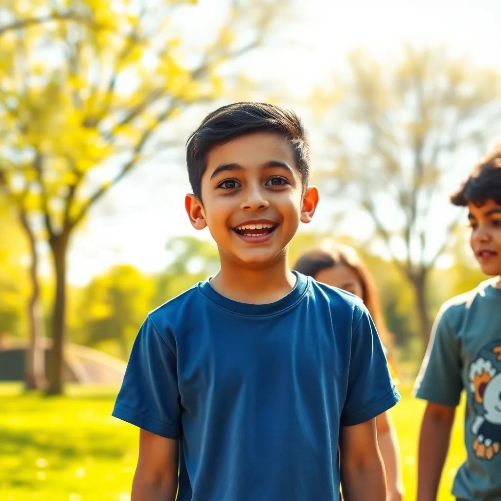 A sunny day in a park with four children, a young Arab boy named Mohammad with short black hair wearing a blue t-shirt, excited expression, talking with his friends, digital art, bright colors, cheerful atmosphere, high quality