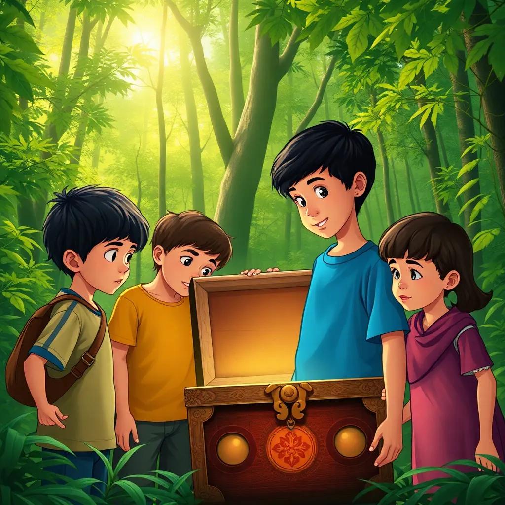Four children, one being Mohammad with short black hair and a blue t-shirt, standing in a dense green forest, looking at a beautifully decorated treasure chest, sunlight filtering through trees, adventure mood, illustration, vivid details, engaging scene