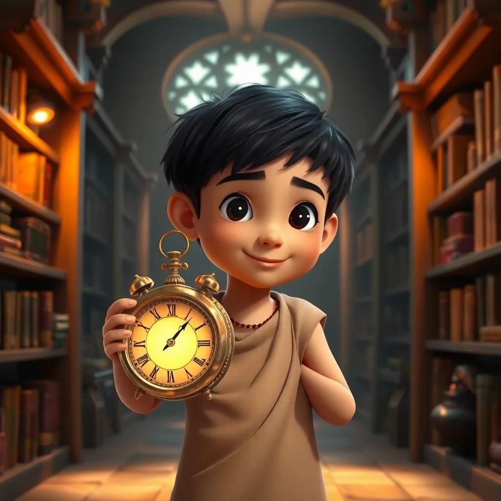 A young Arab boy, Mustafa, with short black hair, wearing a simple tunic, holding an ancient clock with a mysterious glow, in a cozy library filled with old books and wooden shelves, warm light, inviting atmosphere, high quality