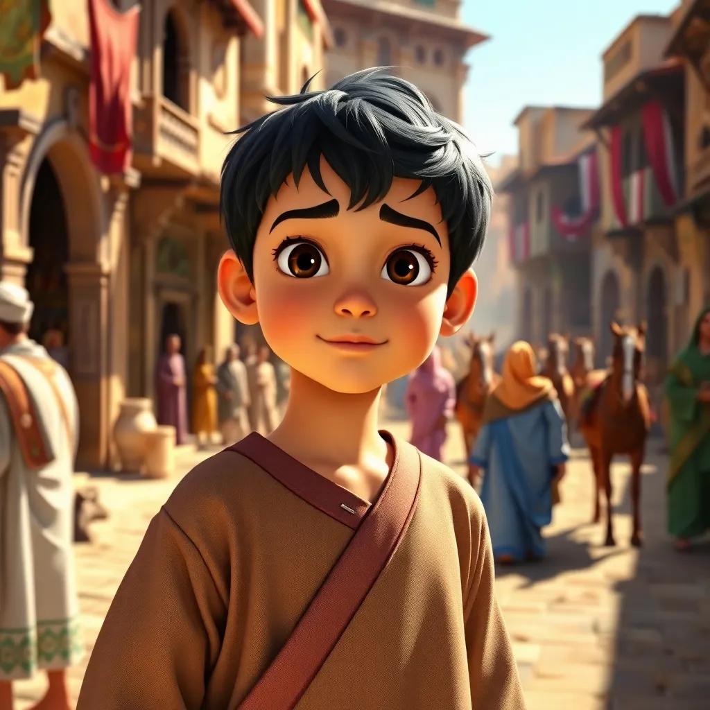Mustafa, a young Arab boy with short black hair in a simple tunic, standing in an ancient city with people in traditional robes and horses around him, bright sunlight, vibrant colors, lively street scene, high quality