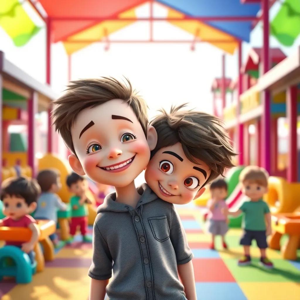 A boy with two faces, one smiling and one sneaky, standing in a colorful playground, children playing around, vibrant colors, cheerful atmosphere, bright sunlight, digital art, high quality