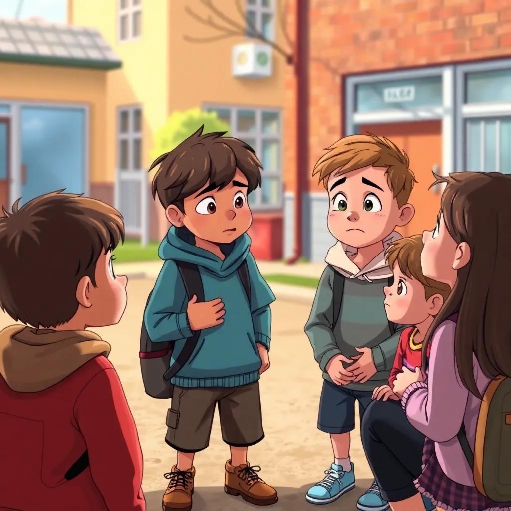 A group of children discussing together, looking worried about their friend Sami, in a schoolyard, detailed illustration, warm colors, friendly environment, storytelling view, high quality
