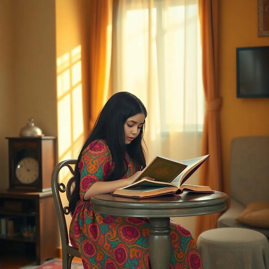 A young girl, Rena, with long black hair wearing a colorful dress, sitting at a small table in her home in Gaza, reading the Quran with sunlight streaming in, warm colors, peaceful atmosphere, high quality
