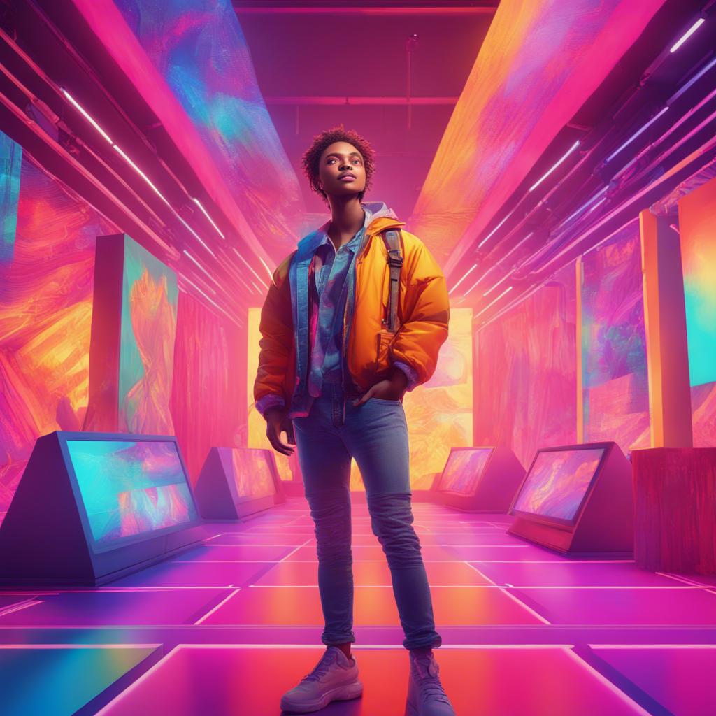 A creative young leader, dressed in colorful clothes, standing in an exciting exhibition hall, surrounded by beautiful, colorful projects, digital art, warm light, vibrant colors, joyful atmosphere, high quality