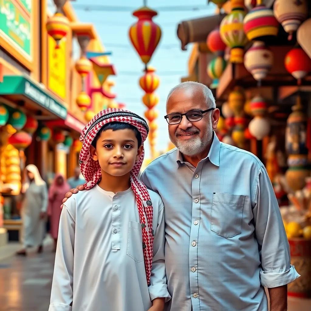 A young Kuwaiti boy, Rashid, wearing a traditional dishdasha, walking with his father in the vibrant and colorful Souq Al-Mubarakiya, digital art, bright colors, joyful atmosphere, high quality