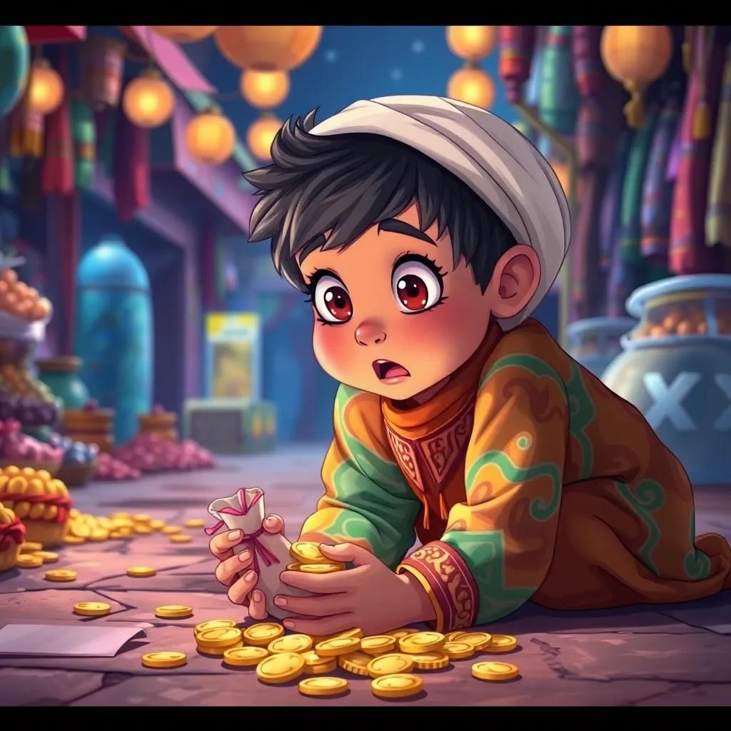 Rashid, a young Kuwaiti boy in a colorful dishdasha, kneeling on the ground with wide eyes, astonished as he sees a small bag full of gold coins, surrounded by the bustling market, detailed illustration, magical feel, vibrant colors, high quality