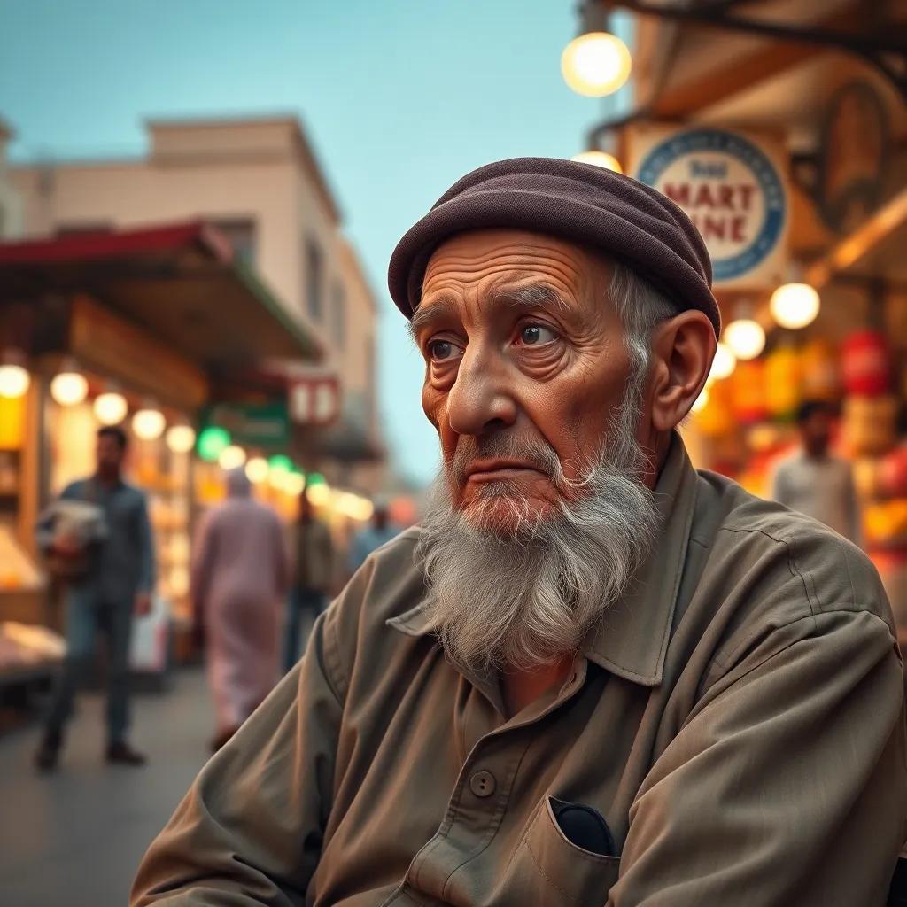 An elderly man looking worried and confused, sitting on a bench in Souq Al-Mubarakiya, with the market bustling around him, digital painting, warm colors, heartfelt atmosphere, high quality