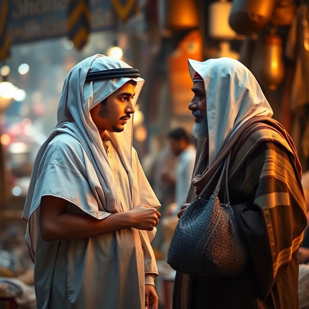 Rashid, a young Kuwaiti boy in a dishdasha, speaking to his father, who is also in traditional attire, amidst the market, discussing the found bag, digital art, engaging composition, warm light, high quality