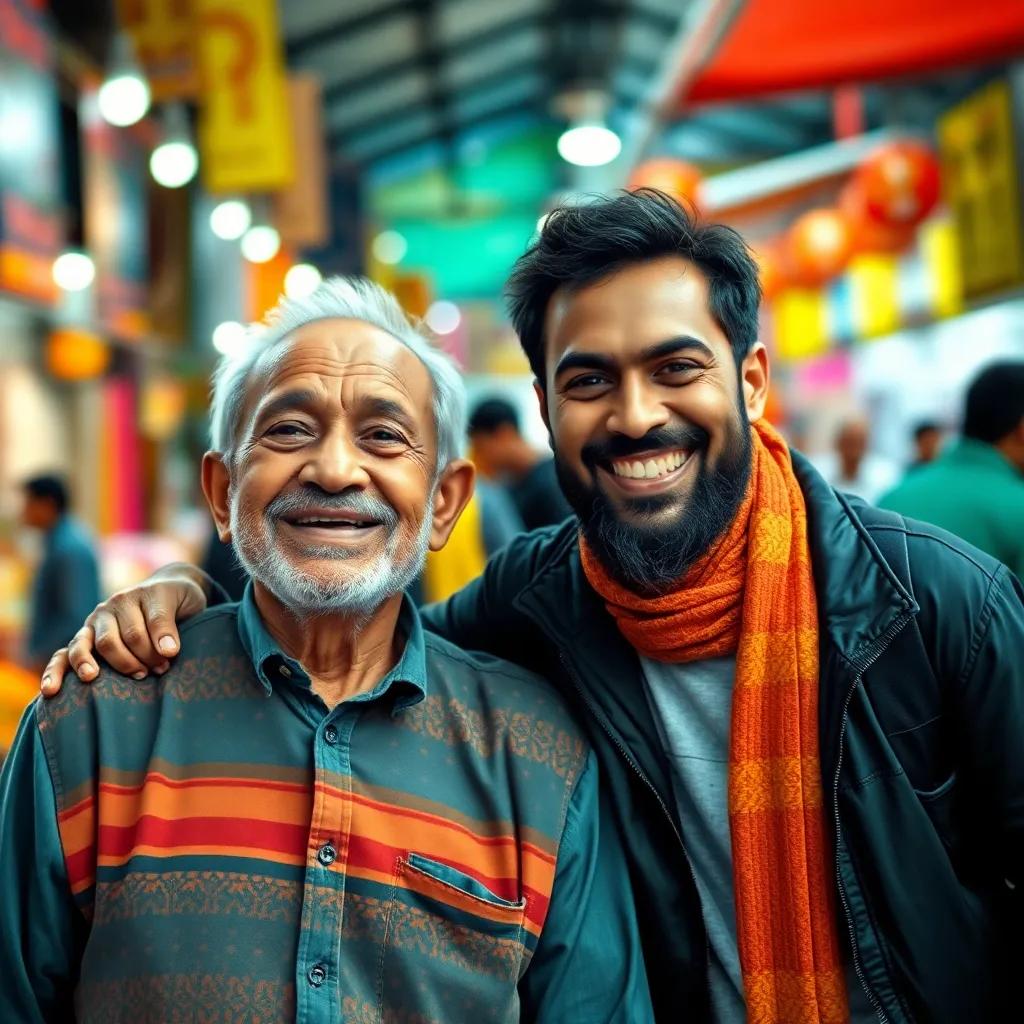 Rashid with the elderly man in the market, both smiling and looking relieved, as they share a joyful moment, with the market's colorful stalls in the background, digital art, vibrant colors, uplifting ambiance, high quality