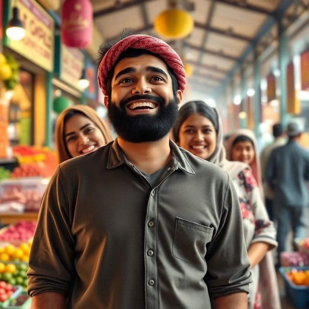 Rashid standing proudly, smiling widely with his family in the background, feeling thrilled about his good deed, with the busy market surrounding them, digital illustration, bright and cheerful, high quality