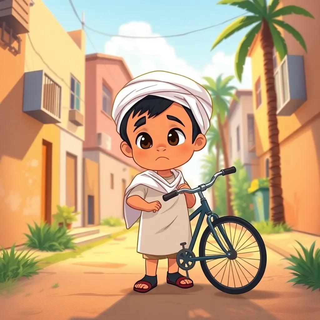 A young Arab boy, Rashid, wearing a white kandora, looking sad while searching for his missing bicycle in a sunlit neighborhood, digital art, bright colors, warm atmosphere, high quality